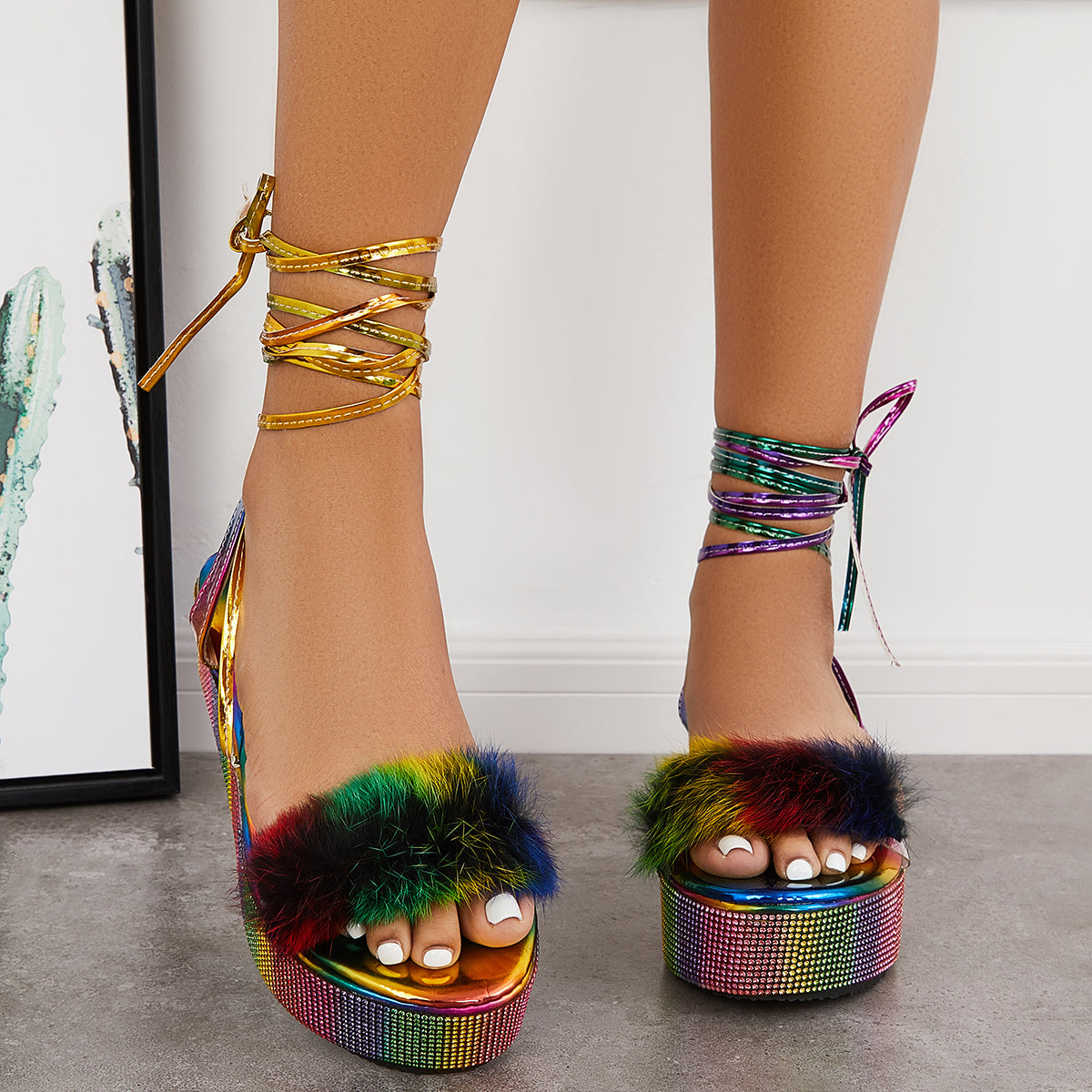 Glitter Open Toe Lace Up Platform Heel Ankle Strap Sandals