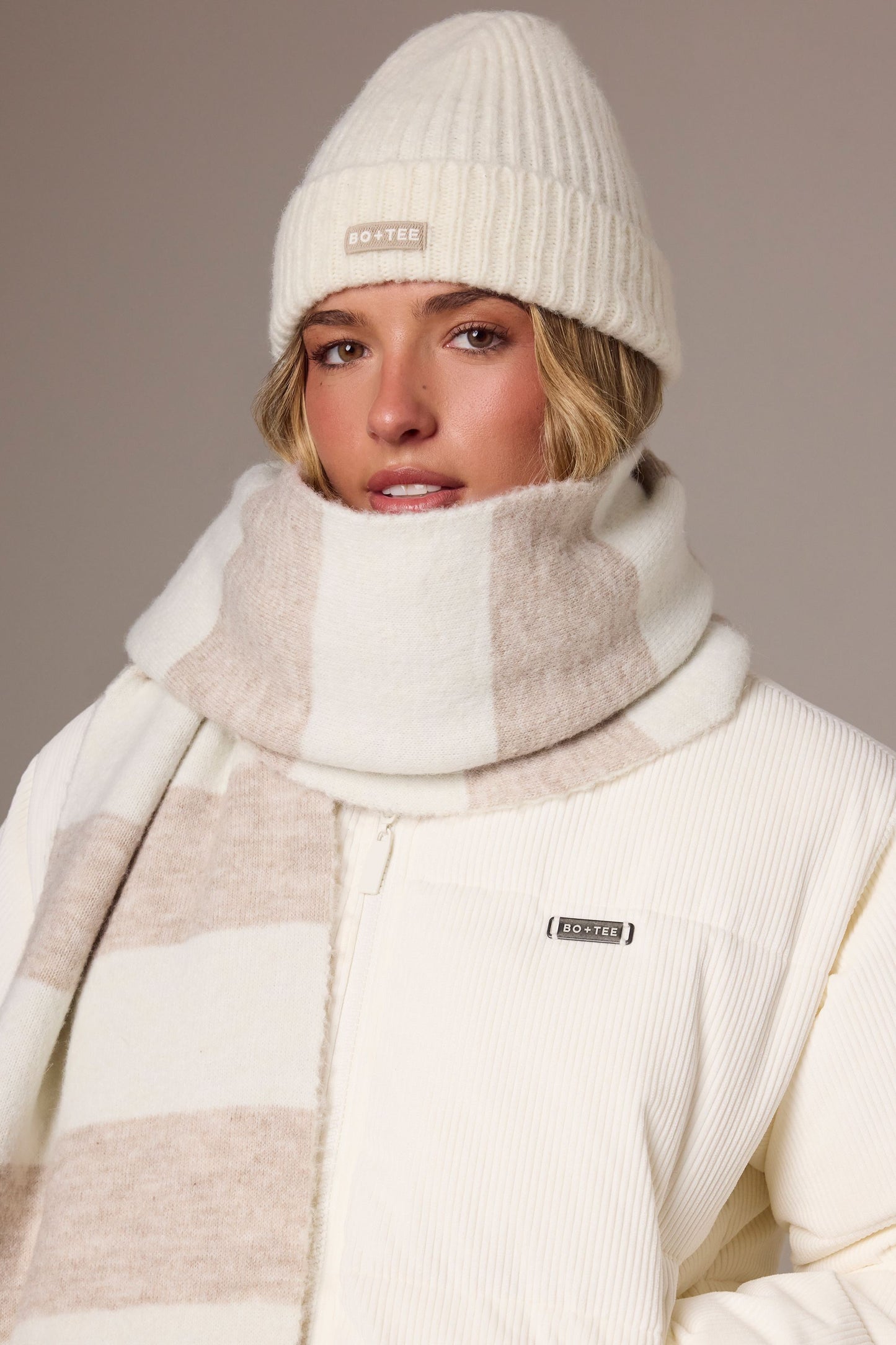 Ribbed Knit Beanie Hat in Ivory