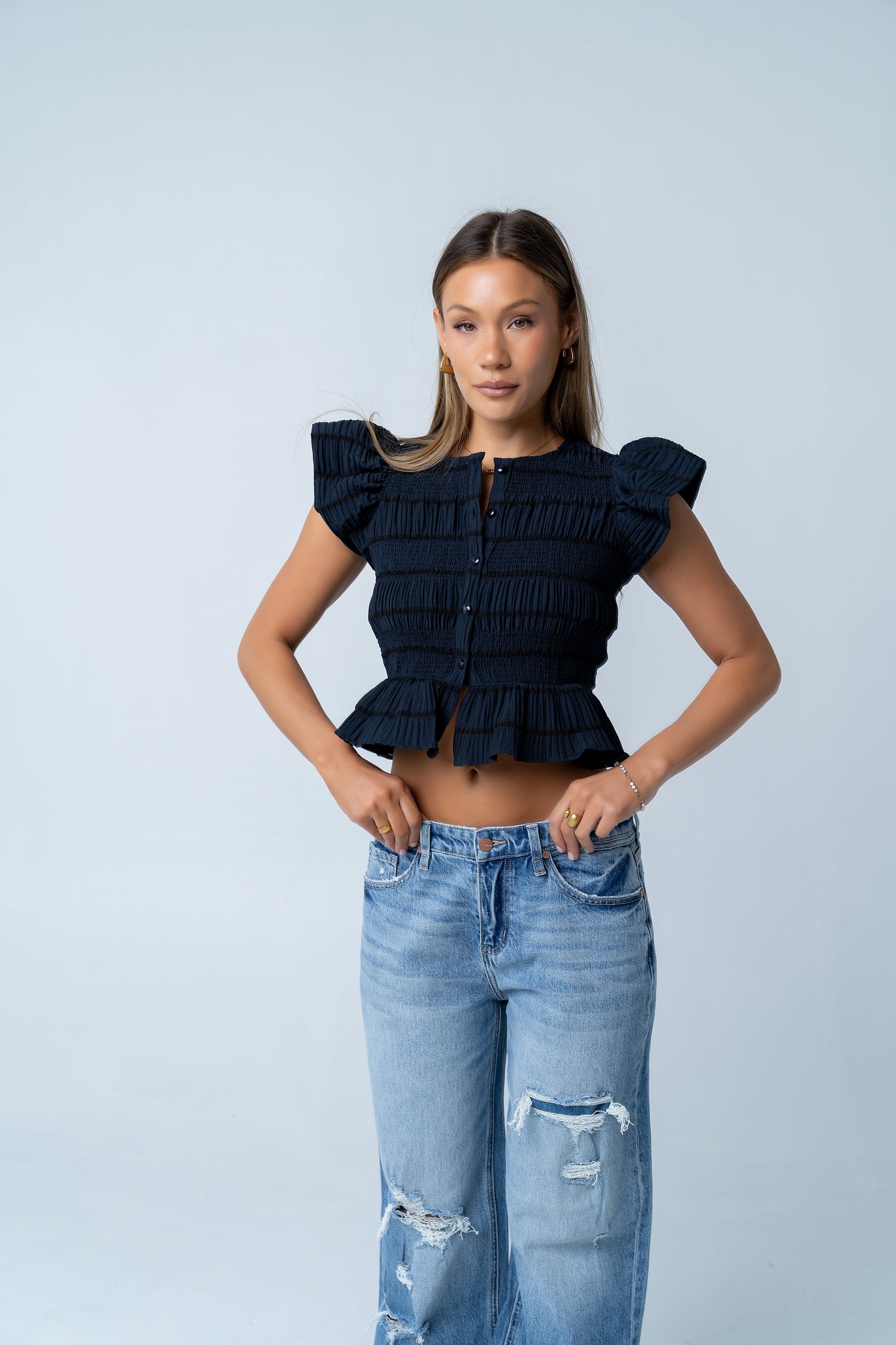 Holly Smocked Blouse in Navy - FINAL SALE