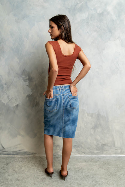Bridget Striped Denim Knee Length Skirt