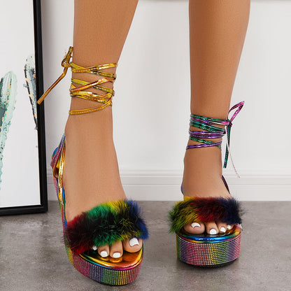 Glitter Open Toe Lace Up Platform Heel Ankle Strap Sandals