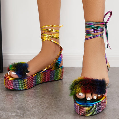 Glitter Open Toe Lace Up Platform Heel Ankle Strap Sandals