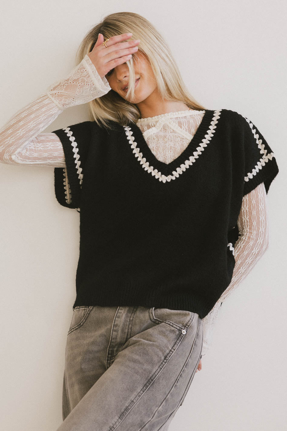 Hazel Embroidered Sweater Top in Black - FINAL SALE
