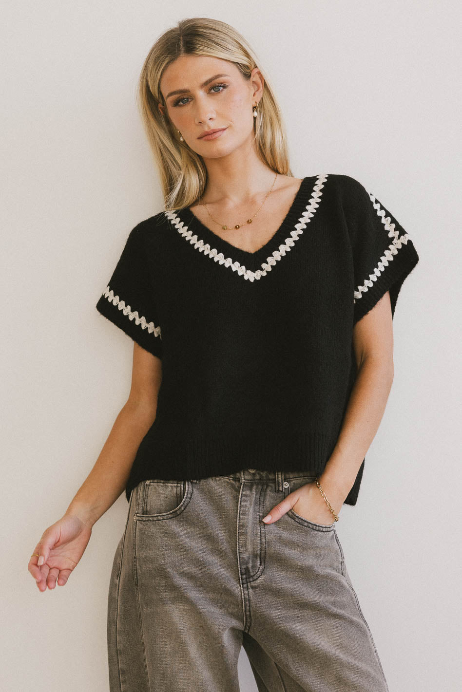 Hazel Embroidered Sweater Top in Black - FINAL SALE