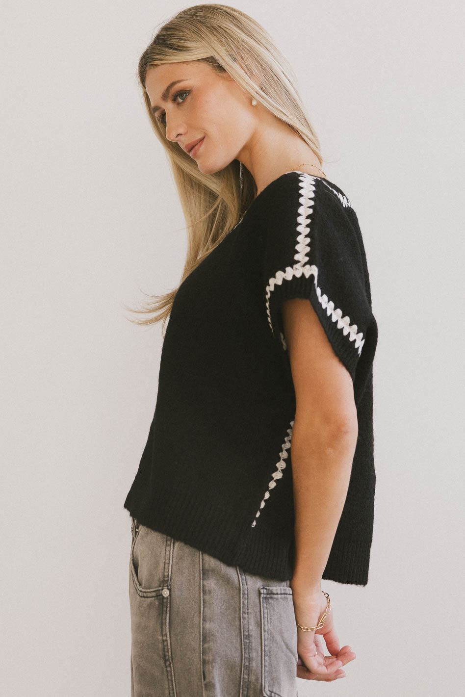 Hazel Embroidered Sweater Top in Black - FINAL SALE
