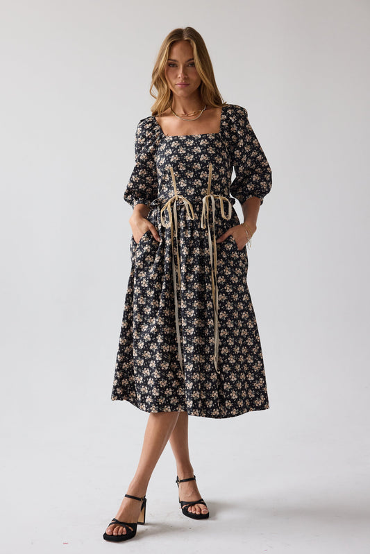 Gloria Floral Midi Dress in Black - FINAL SALE