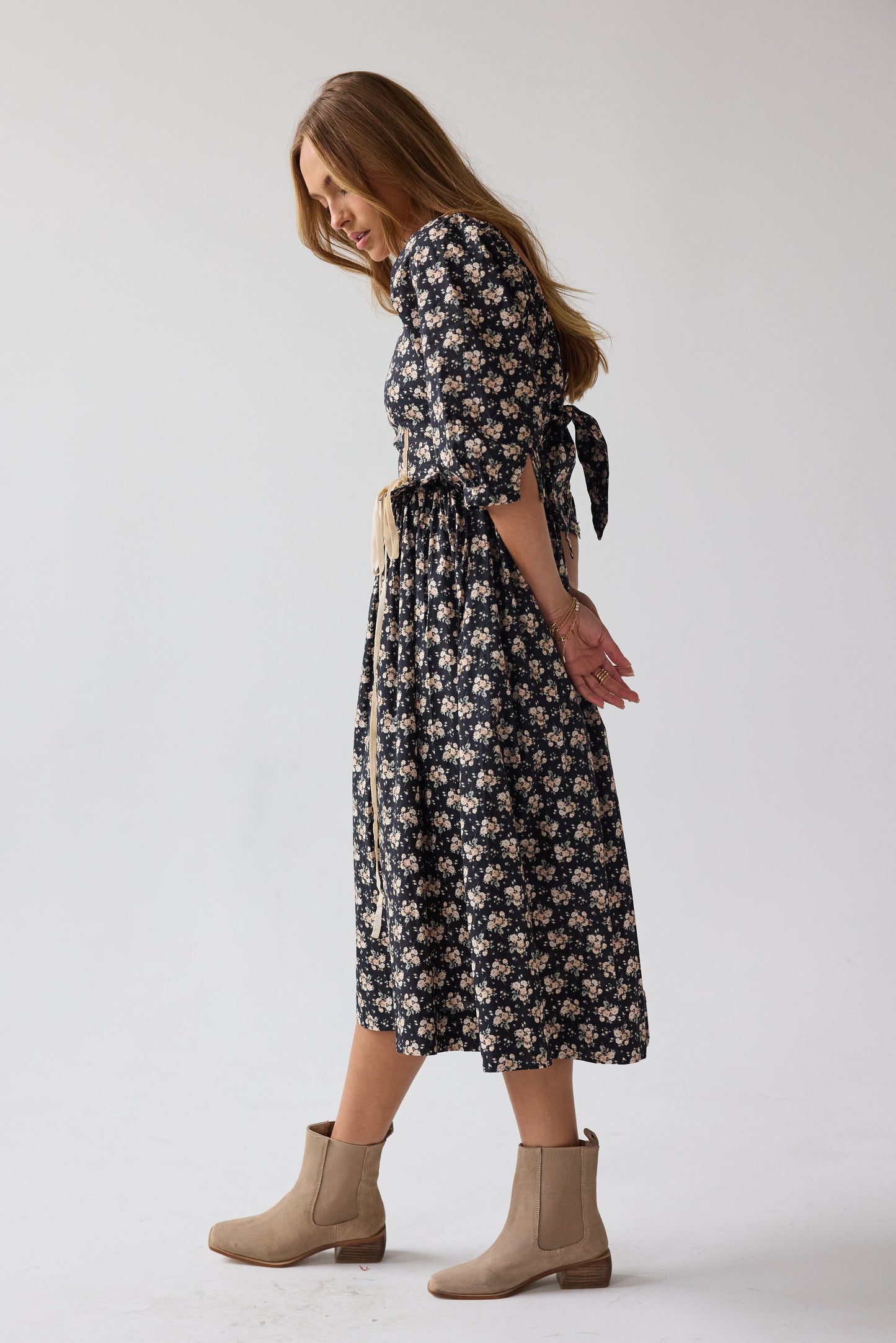 Gloria Floral Midi Dress in Black - FINAL SALE