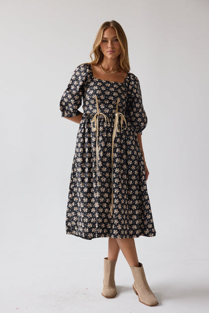 Gloria Floral Midi Dress in Black - FINAL SALE