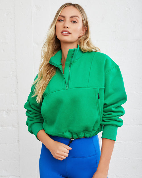 Athletic Cotton Blend Pocketed Half Zip Pullover - Green