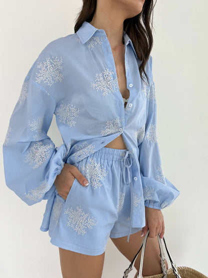 Semi-Sheer Plant Embroidery Casual Shorts Set