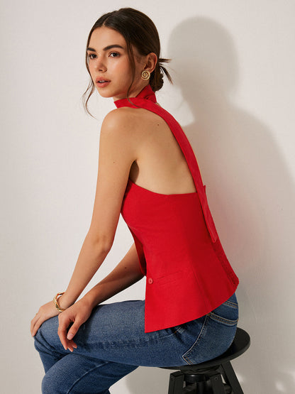 Cotton & Linen Halter Top With Decor Pockets