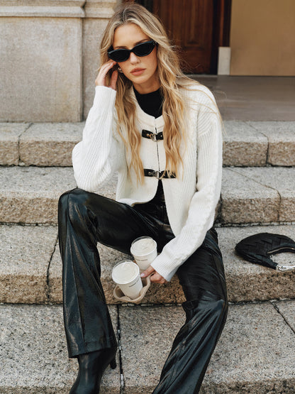 Cable-Knit Cardigan with Buckle Closure