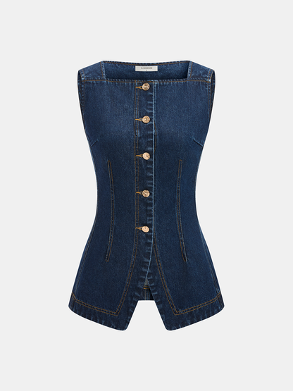 Metal Button Denim Sleeveless Vest & Shorts Set