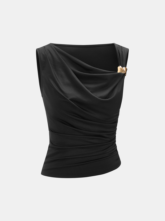 Metal Detail Satin Ruched Cowl Neck Tank Top