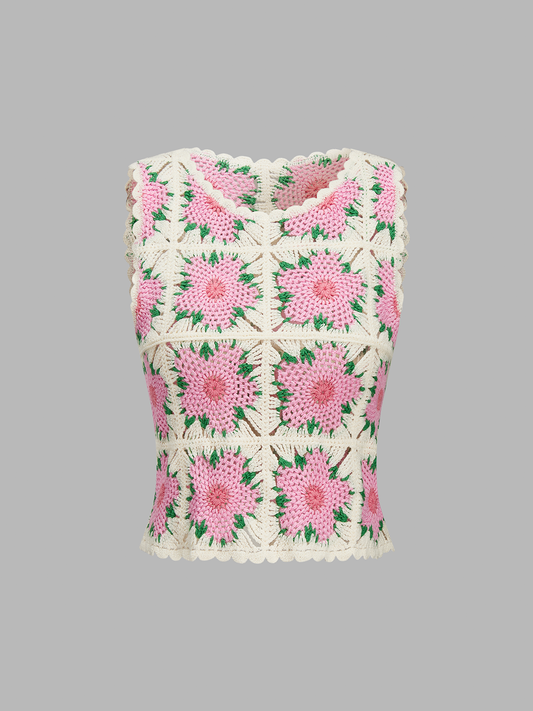 Floral Crochet Sleeveless Knit Vest
