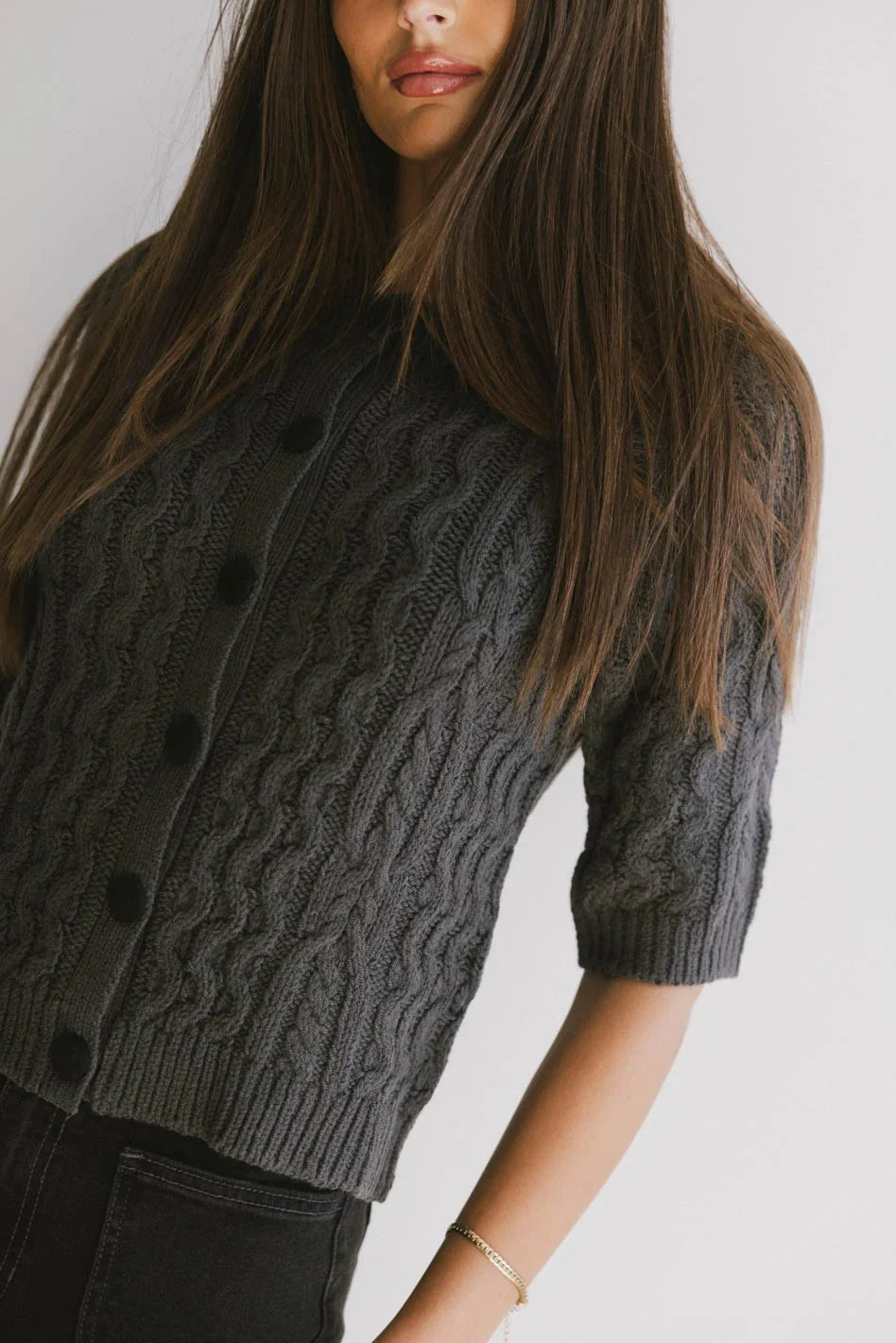 Erika Cable Knit Cardigan in Charcoal - FINAL SALE