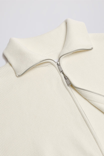 Ribbed Knit Zip-Up Cropped Sweatshirt in Ivory