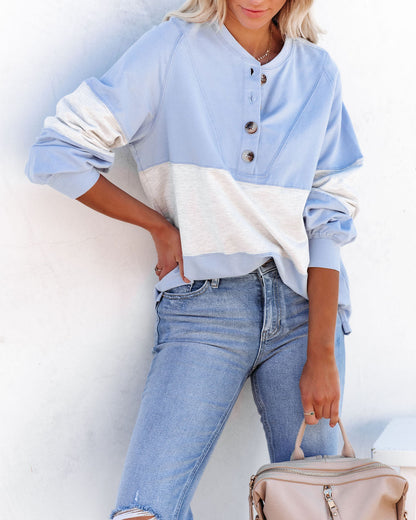 Brannon Cotton Colorblock Henley Top - Baby Blue Combo