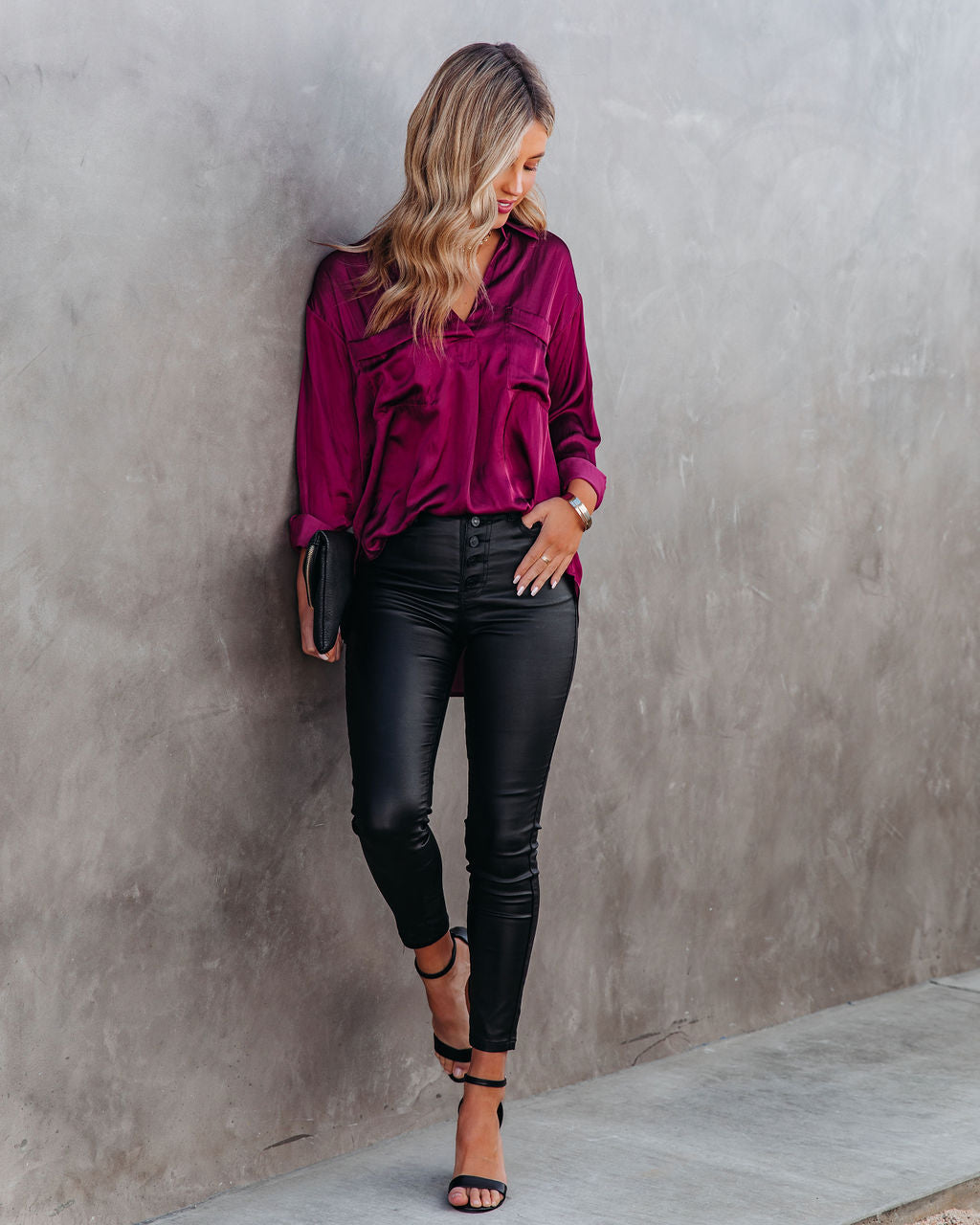 Braya Satin Collared Blouse - Burgundy
