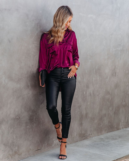 Braya Satin Collared Blouse - Burgundy