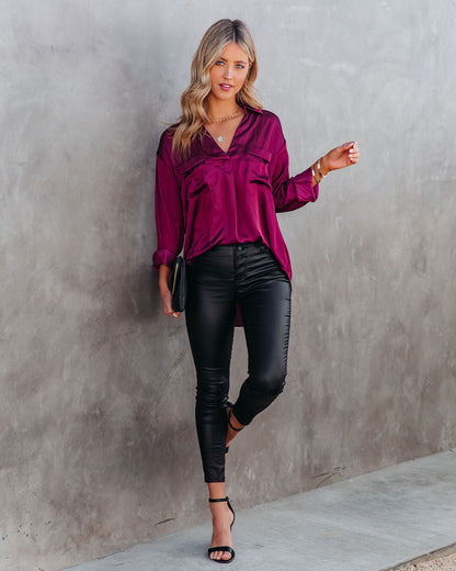 Braya Satin Collared Blouse - Burgundy