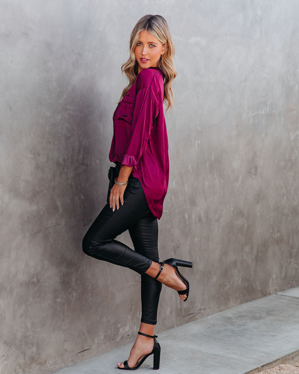 Braya Satin Collared Blouse - Burgundy