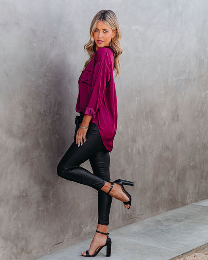 Braya Satin Collared Blouse - Burgundy