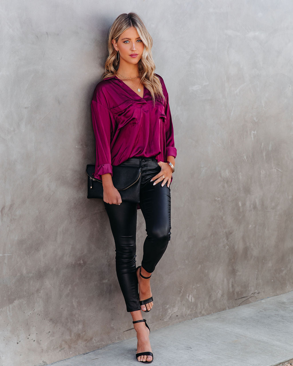 Braya Satin Collared Blouse - Burgundy