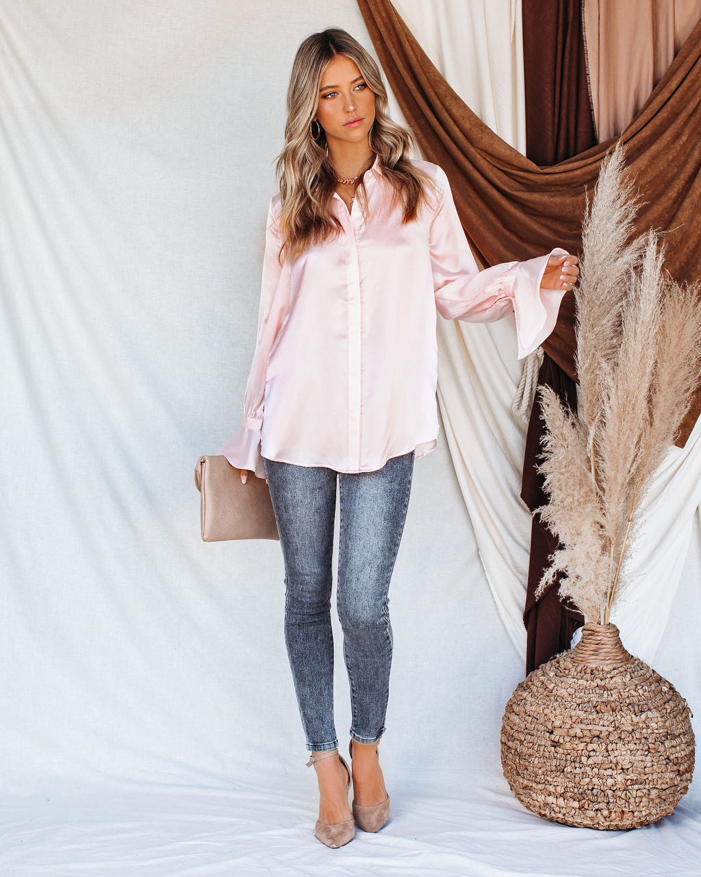 Brielle Satin Button Down Ruffle Blouse
