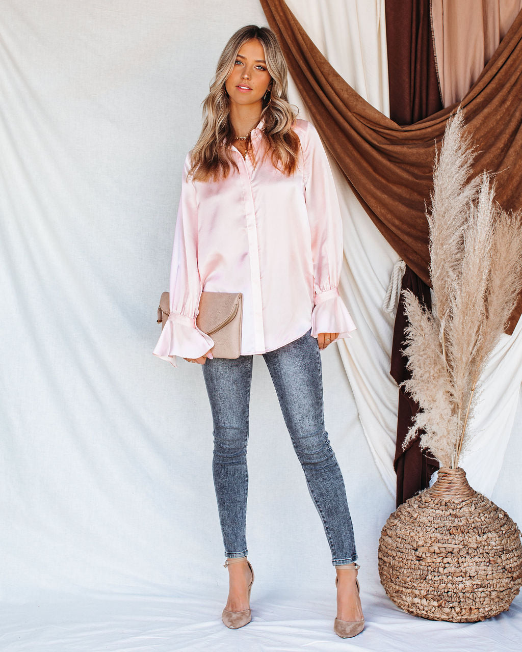 Brielle Satin Button Down Ruffle Blouse
