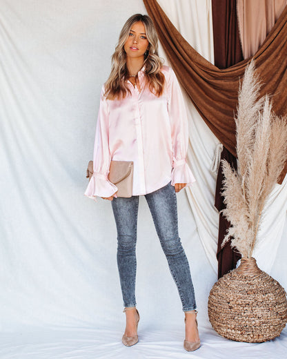 Brielle Satin Button Down Ruffle Blouse