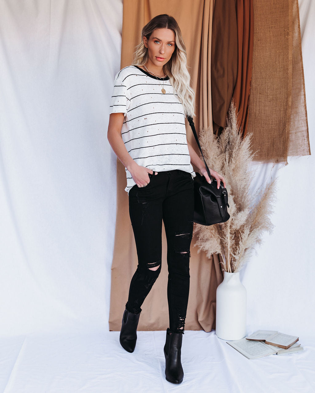 Chase Linen Blend Striped Distressed Tee