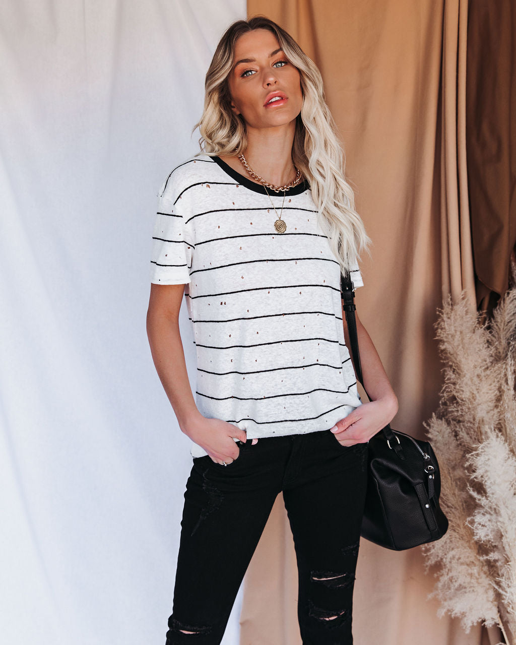 Chase Linen Blend Striped Distressed Tee