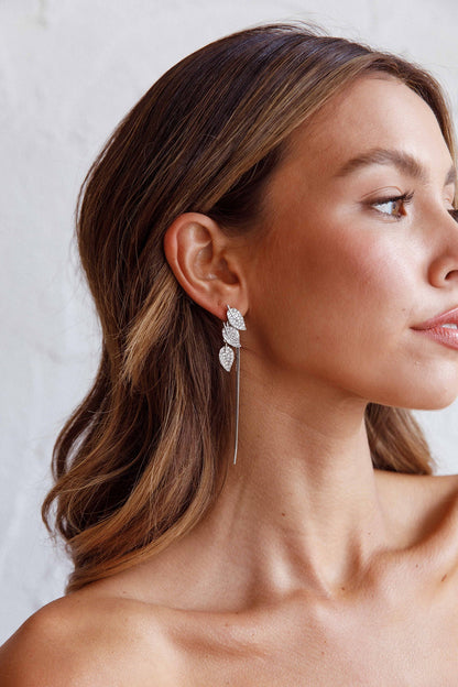 Zircon Leaves Tassel Drop Earrings Silver