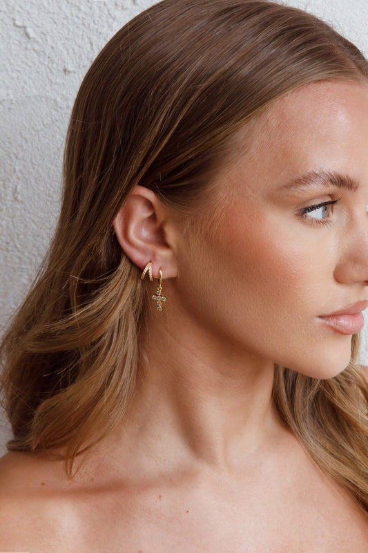 Santiago Cross Drop Diamante Hoop Earrings Gold