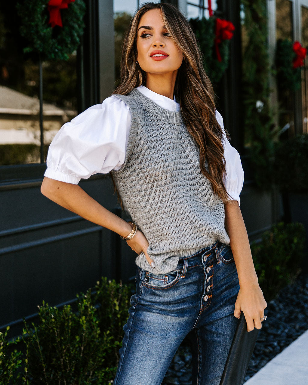 Eastern Time Contrast Puff Sleeve Sweater Top