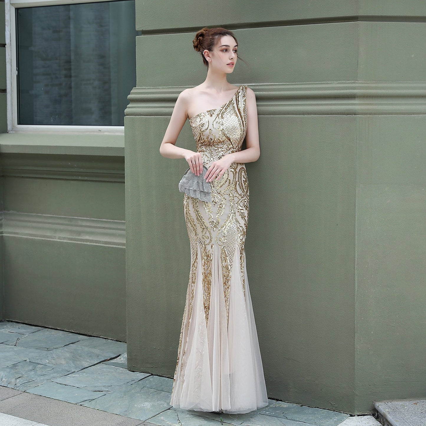 Emily formal one-shoulder sequined mesh fishtail dress