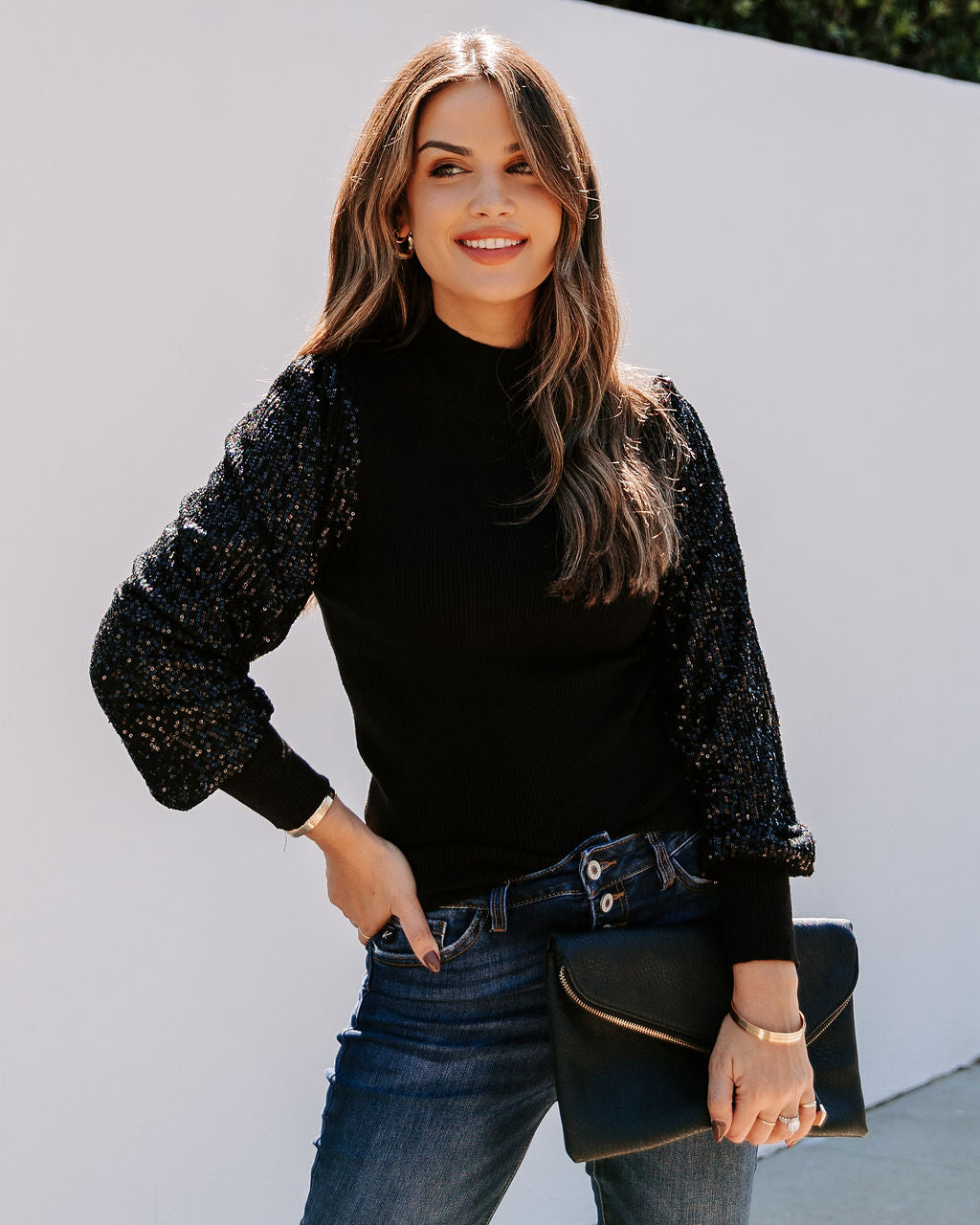 From A Dream Sequin Mock Neck Knit Top - Black