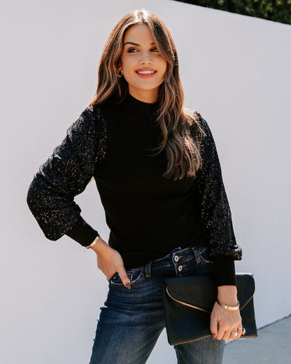 From A Dream Sequin Mock Neck Knit Top - Black