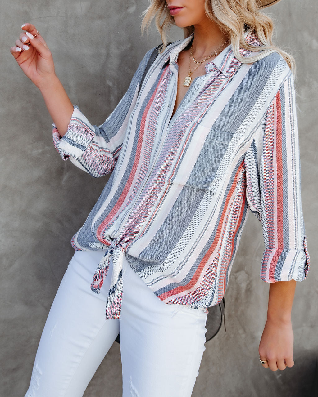 Good Vibrations Woven Button Down Tie Top