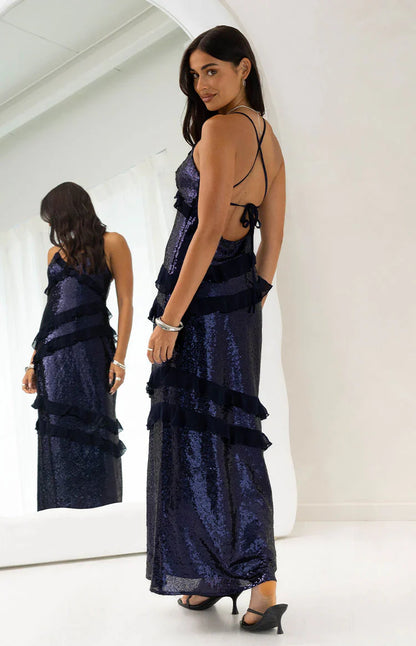 Inara Navy Sequin Ruffle Maxi Dress