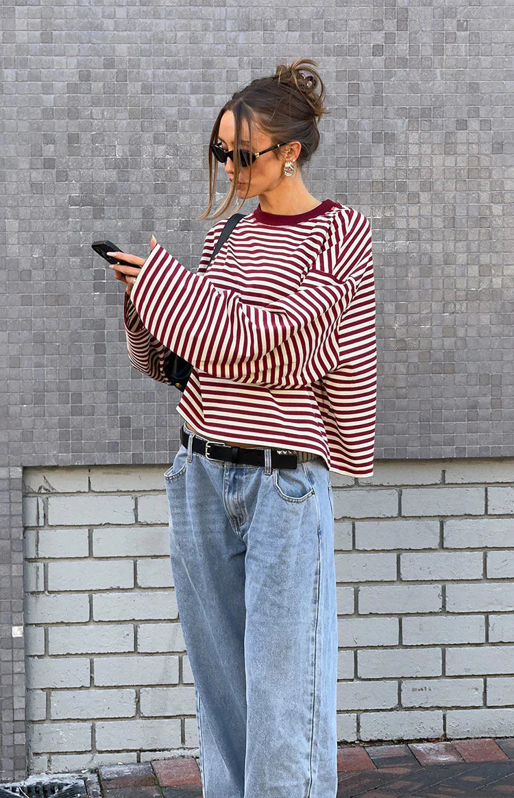 Lioness Bloom Wine Stripe Long Sleeve Top