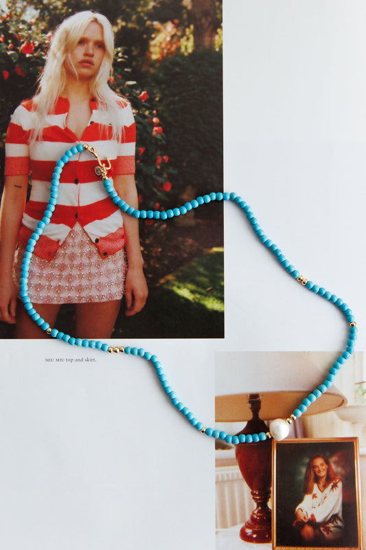 Ibiza Turquoise Bead Pearl Necklace Gold