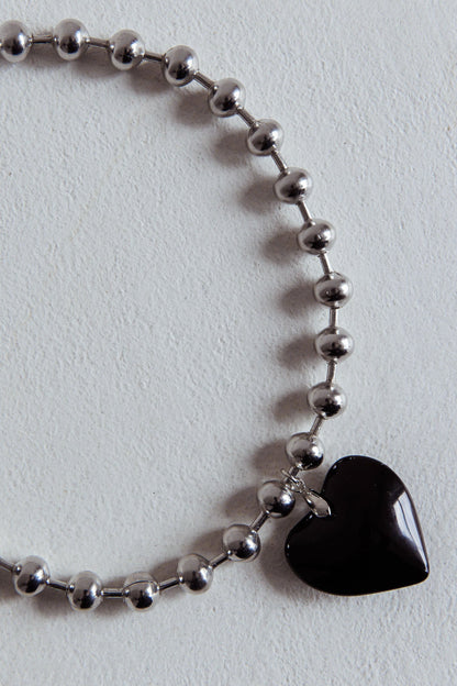 Lee Silver Bead Large Heart Necklace Black
