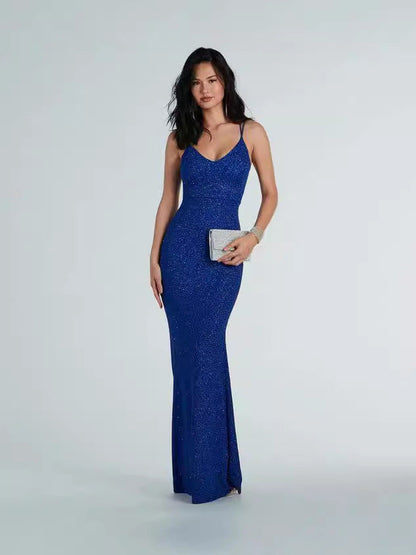 Alondra Cowl Neck Metallic Glitter Formal Dress