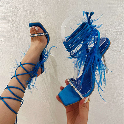 Fluffy Feather Rhinestone Lace Up Clear Heels