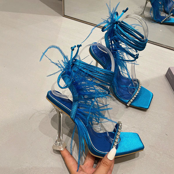 Fluffy Feather Rhinestone Lace Up Clear Heels