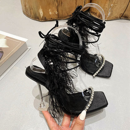 Fluffy Feather Rhinestone Lace Up Clear Heels