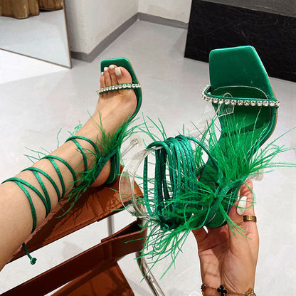 Fluffy Feather Rhinestone Lace Up Clear Heels
