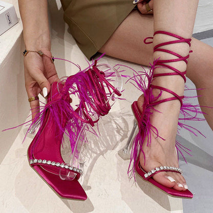Fluffy Feather Rhinestone Lace Up Clear Heels